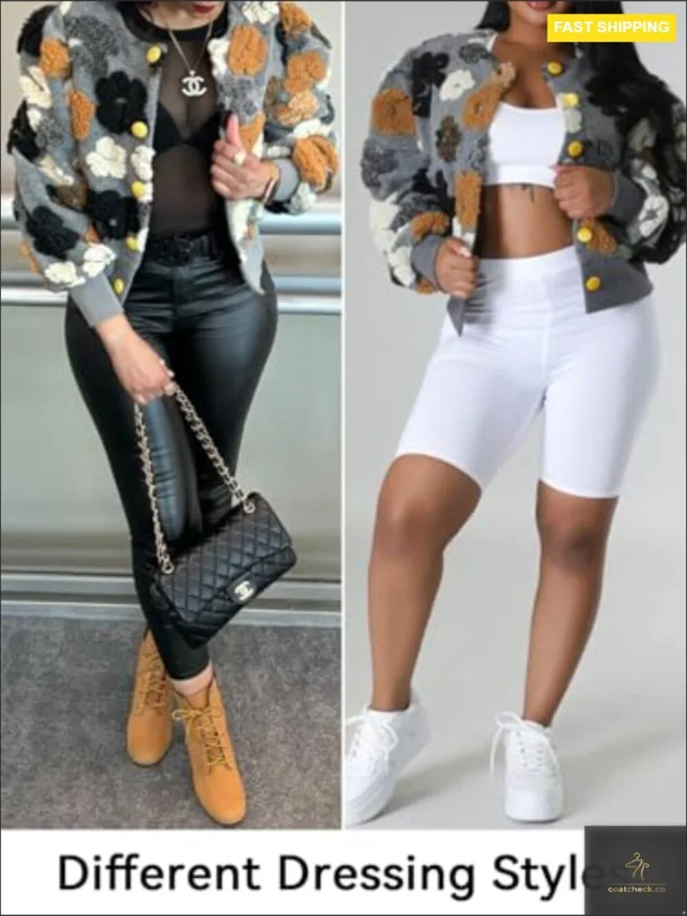 Cropped Floral Fleece Bomber Jacket Puff Sleeve Vintage Y2K Casual Outerwear - Picture 5 of 7